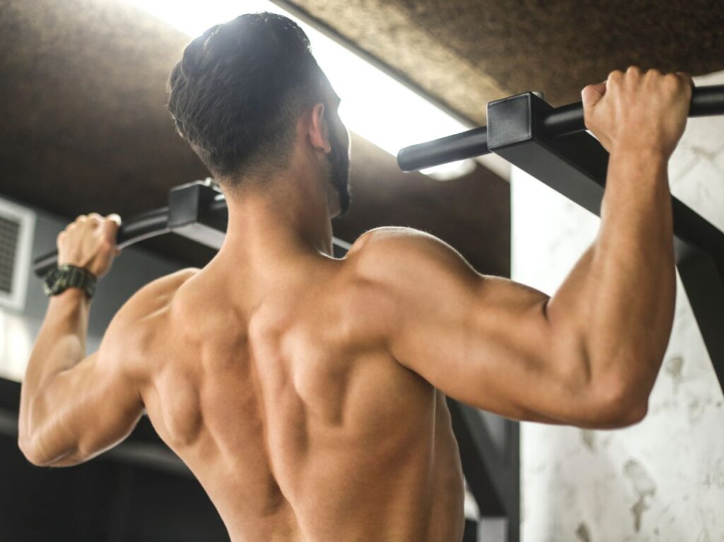 Hombre haciendo una dominada. Se le ve la espalda musculosa.